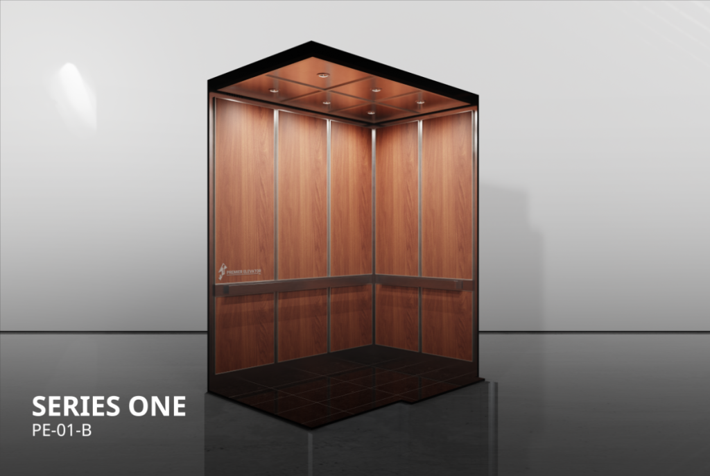 Premier Series 1B elevator cab, laminate panels with stainless steel panned ceiling and handrail PE-01-B