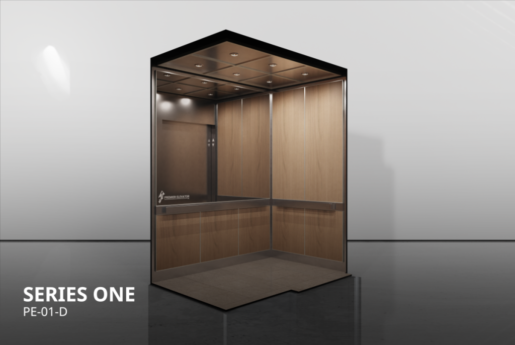 Premier Series 1D elevator cab, tinted mirror and laminate panels with stainless steel panned ceiling PE-01-D