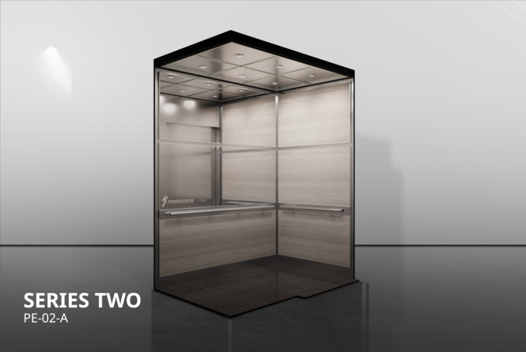 Premier Series 2A elevator cab, mirror and laminate panels with stainless steel panned ceiling PE-02-A