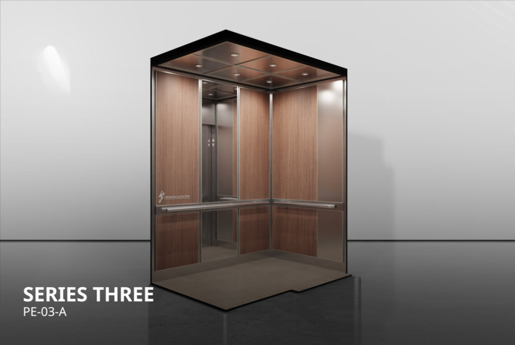 Premier Series 3A elevator cab, mirror, etched mirror and laminate panels, stainless steel panned ceiling PE-03-A