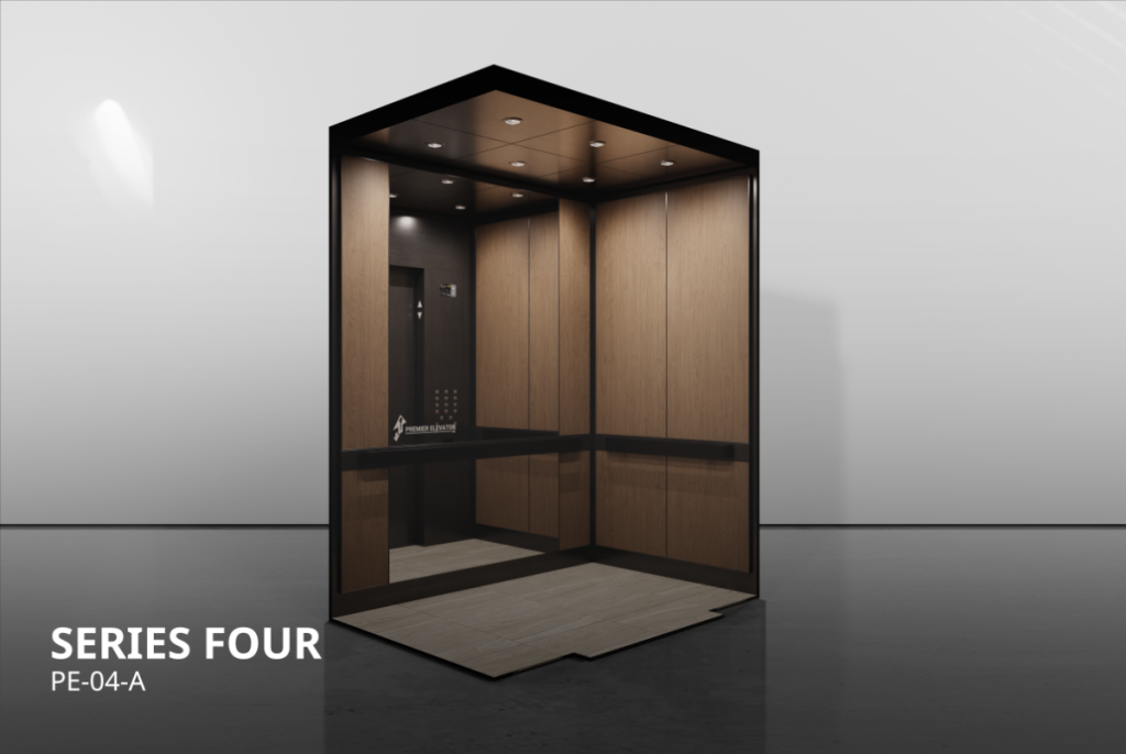 Premier Series 4A elevator cab, laminate panels with black aluminum trims and black stainless steel handrail PE-04-A