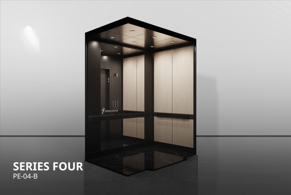 Premier Series 4B elevator cab, laminate panels with black aluminum trims and black powdercoated steel handrail PE-04-B