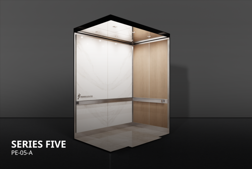 Premier Elevator Designer Series 5A elevator cab interior with white chevron porcelain and light wood laminate panels, stainless steel handrail, and LED pot lights PE-05-A