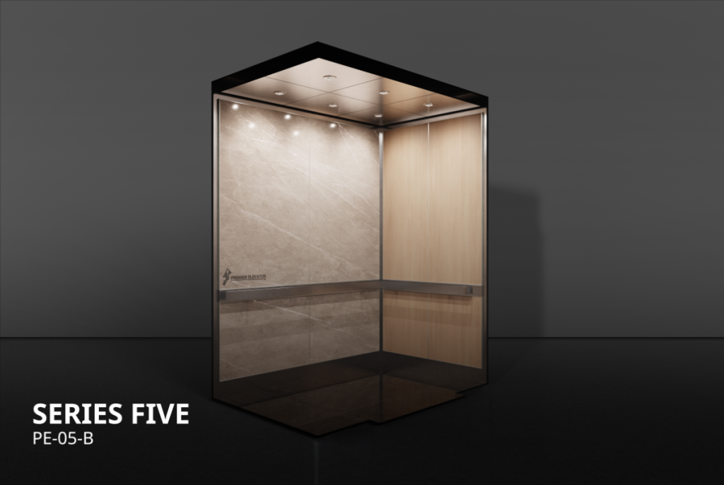 Premier Elevator Designer Series 5B elevator cab interior with grey stone porcelain and light wood laminate panels, stainless steel handrail, and LED pot lights PE-05-B
