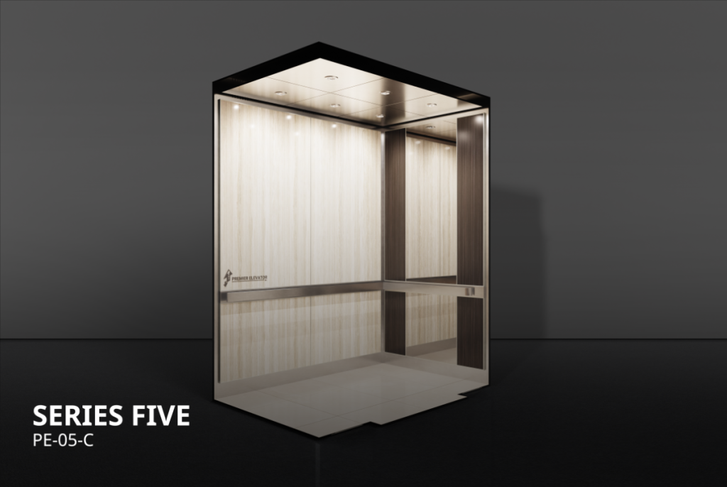 Premier Elevator Designer Series 5C elevator cab interior with light stone laminate and dark wood accent panels, stainless steel handrail, and LED pot lights PE-05-C
