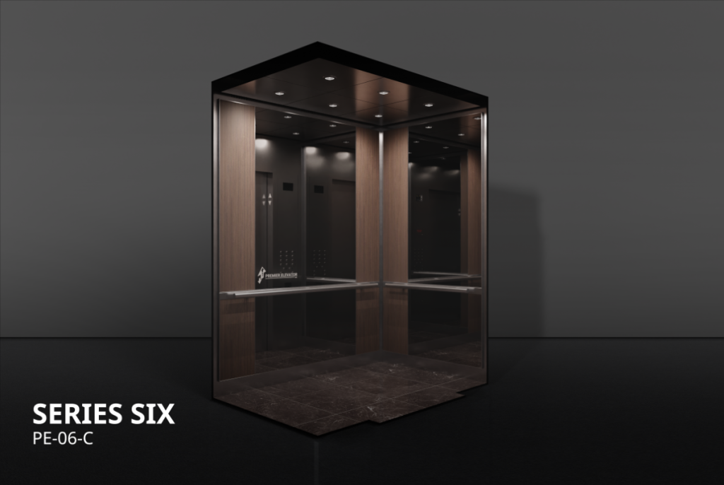 Premier Elevator Designer Series 6C elevator cab interior with dark wood laminate and mirror panels, stainless steel handrail, and dark marble flooring PE-06-C
