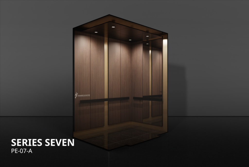 Premier Elevator Designer Series 7A elevator cab interior with dark wood laminate panels, bronze clad ceiling, and dark handrail PE-07-A