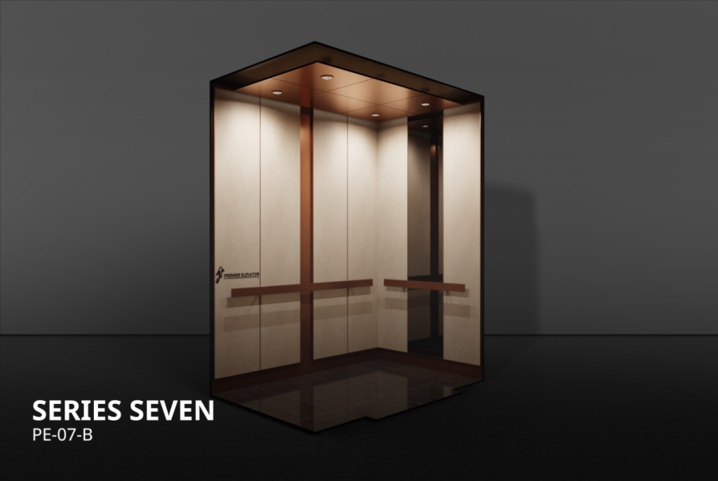 Premier Elevator Designer Series 7B elevator cab interior with cream laminate panels, bronze clad ceiling, and dark wood handrail PE-07-B