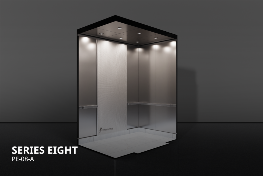 Premier Elevator Designer Series 8A elevator cab interior with textured silver panels, stainless steel handrail, and LED pot lights PE-08-A