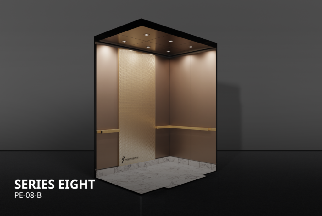 Premier Elevator Designer Series 8B elevator cab interior with rose gold clad ceiling, textured brass feature panel, and white marble flooring PE-08-B