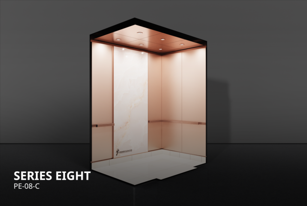 Premier Elevator Designer Series 8C elevator cab interior with rose gold clad ceiling, marble feature panel, and warm LED pot lights PE-08-C