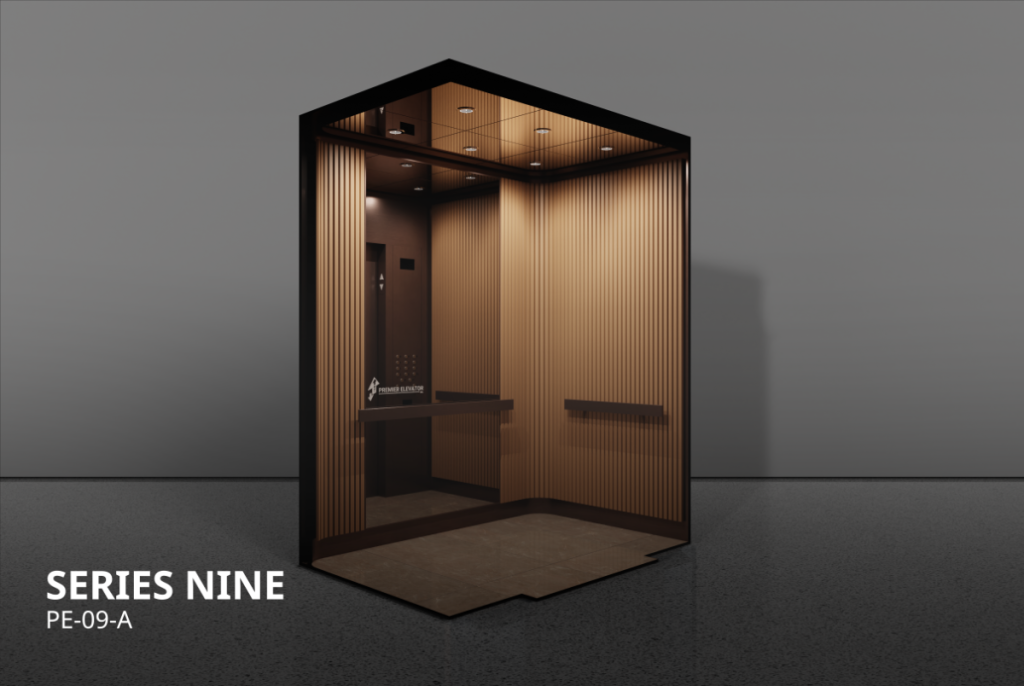 Premier Elevator Designer Series 9A elevator cab interior with vertical wood slat panels, bronze clad ceiling, and dark handrail PE-09-A