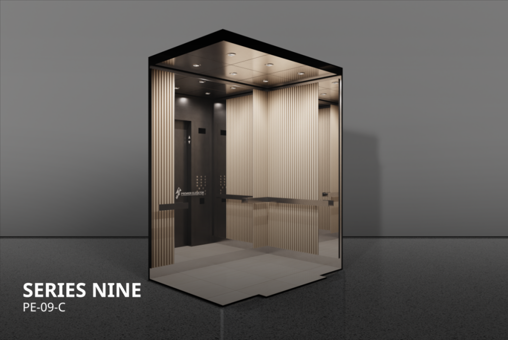 Premier Elevator Designer Series 9C elevator cab interior with vertical wood slat panels, dark ceiling, and black handrail PE-09-C