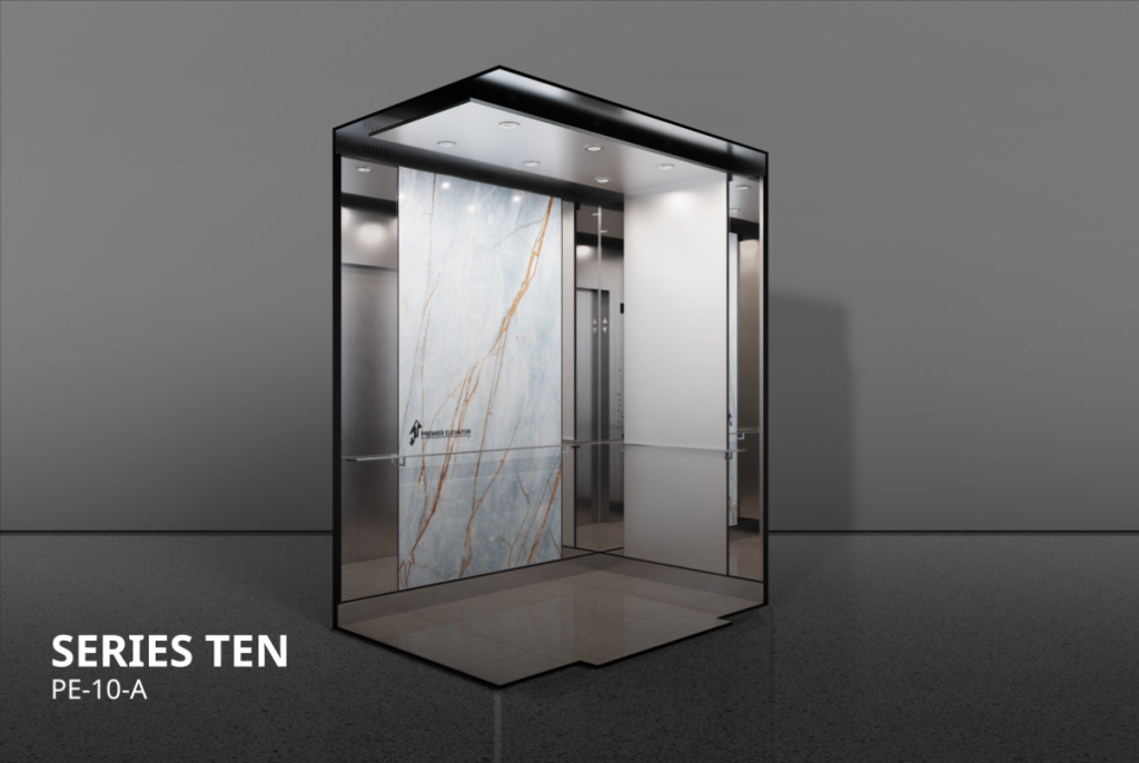 Premier Elevator Designer Series 10A elevator cab interior with blue marble feature panel, mirror panels, stainless steel handrail, and LED pot lights PE-10-A