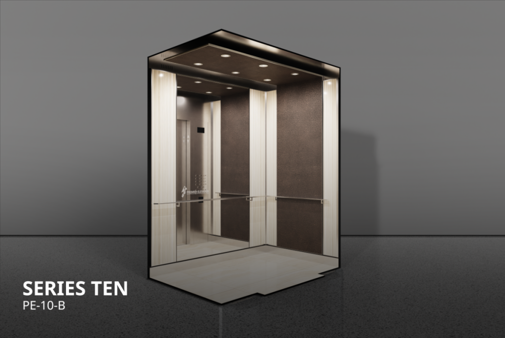 Premier Elevator Designer Series 10B elevator cab interior with textured bronze panels, brass handrail, and dark clad ceiling with LED pot lights PE-10-B