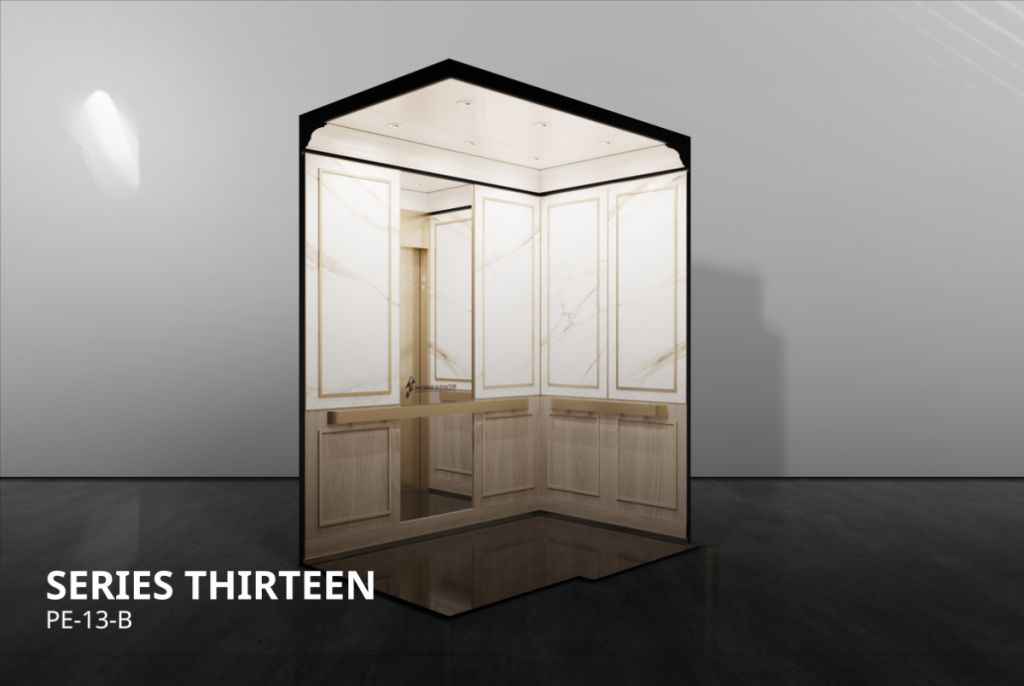 Premier Elevator Prestige Series 13B elevator cab interior with white marble panels, gold trim, wood wainscoting, and mirror panel PE-13-B