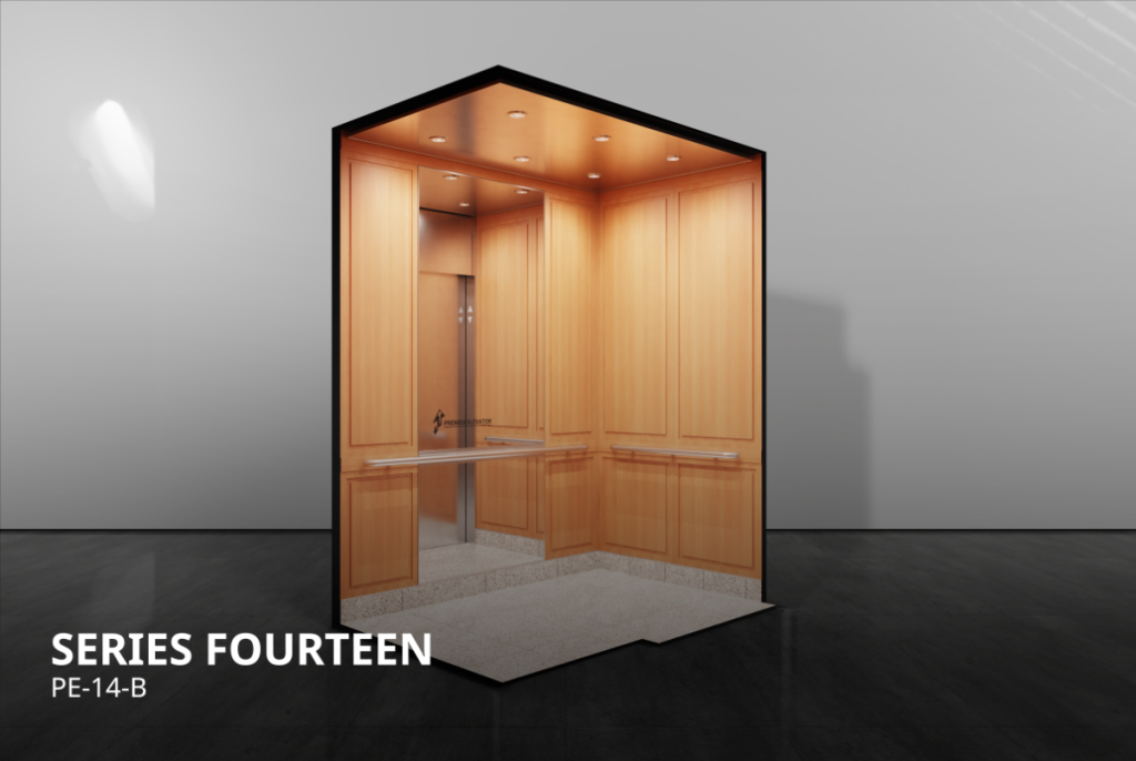 Premier Elevator Prestige Series 14B elevator cab interior with light maple raised panel walls, mirror panel, handrail, and terrazzo flooring PE-14-B