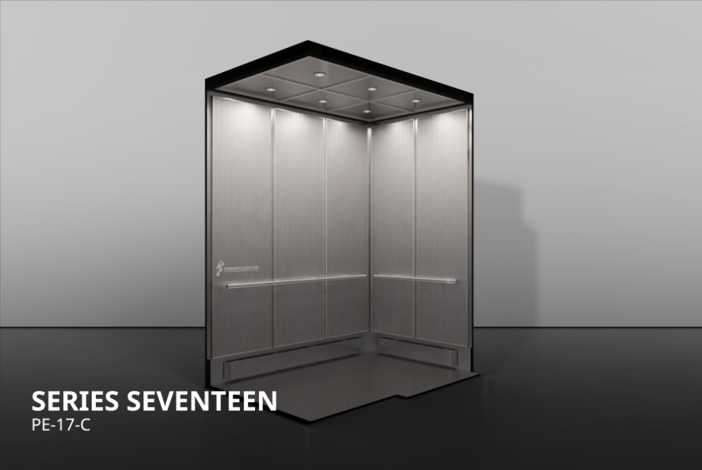 Premier Elevator Rigid Series 17C elevator cab interior with textured stainless steel panels, bumper rail, and checkerplate flooring, front view PE-17-C