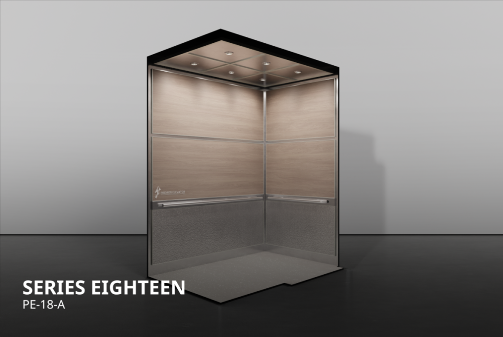 Premier Elevator Rigid Series 18A elevator cab interior with stainless steel and laminate wood panels, handrail, front view PE-18-A