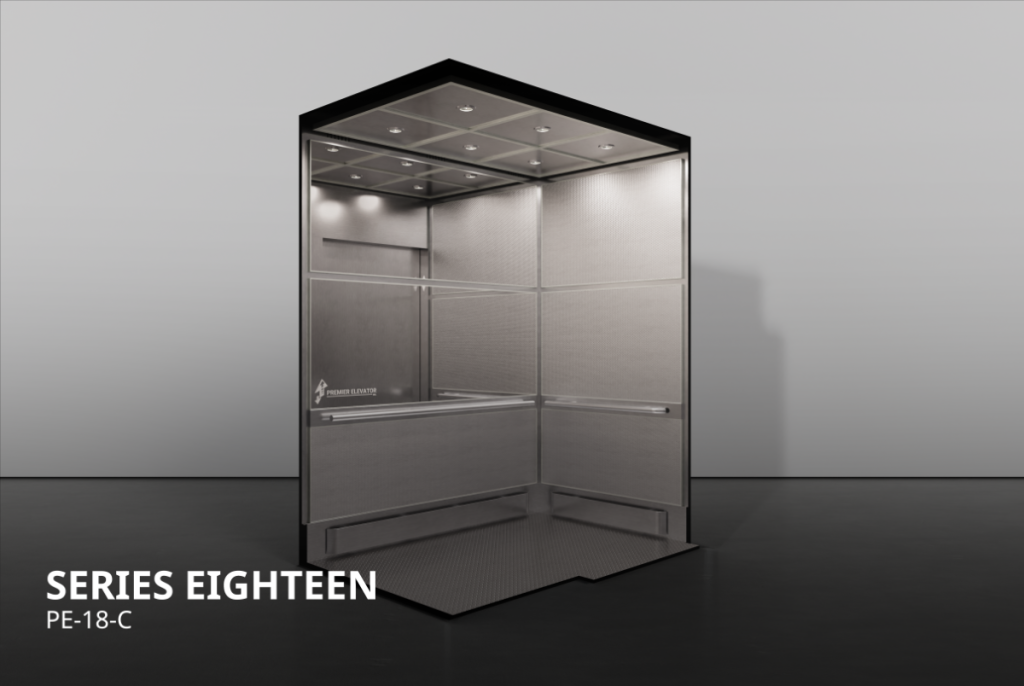 Premier Elevator Rigid Series 18C elevator cab interior with textured stainless steel and mirror panels, checkerplate flooring, front view PE-18-C