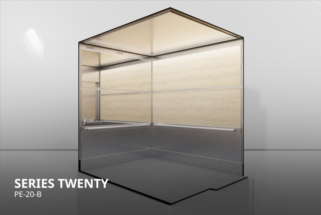 Premier Elevator Medical Series 20B elevator cab interior with stainless steel laminate and mirror panels and LED perimeter lighting PE-20-B