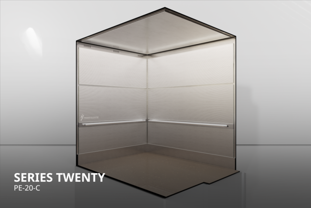 Premier Elevator Medical Series 20C elevator cab interior with textured stainless steel panels and LED perimeter lighting PE-20-C